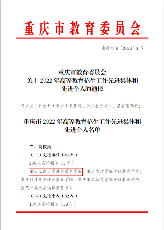 我校继续教育学院获评重庆市成人高校招生工作先进集体
